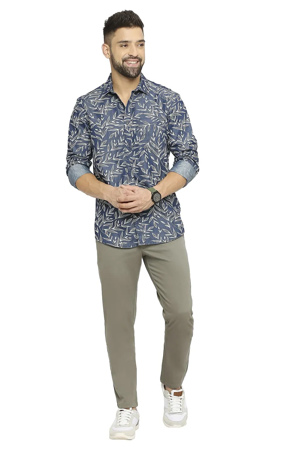 Basics Slim Fit Cotton Polyester Indigo Printed Shirt