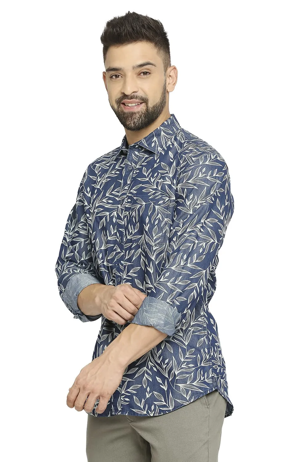 Basics Slim Fit Cotton Polyester Indigo Printed Shirt