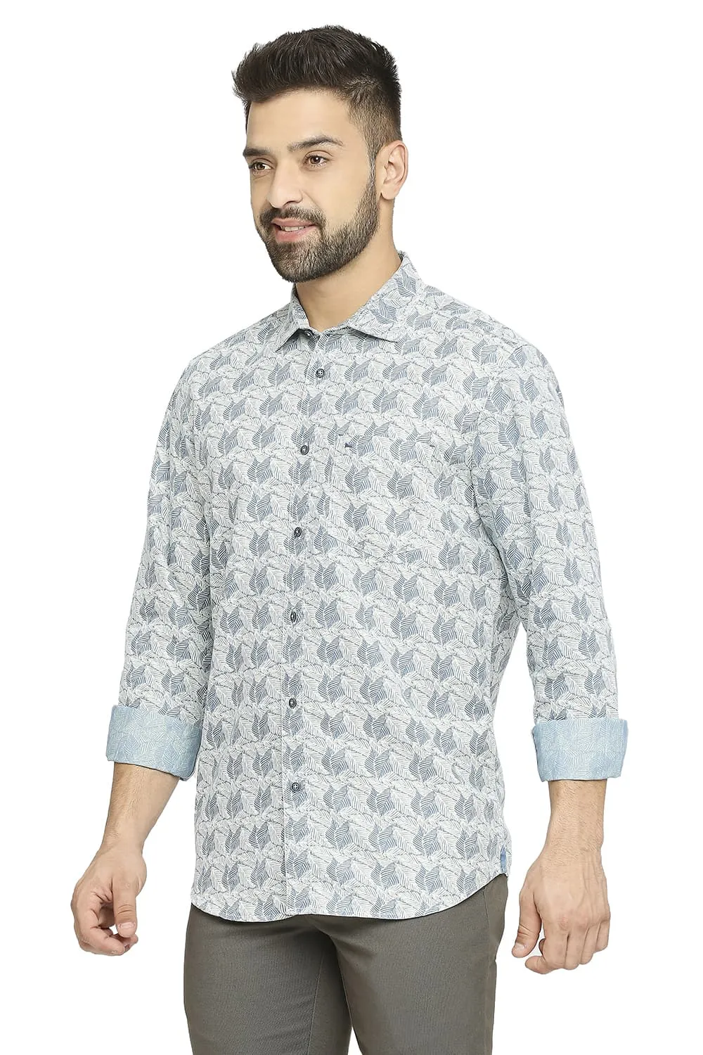 Basics Slim Fit Cotton Polyester Indigo Printed Shirt