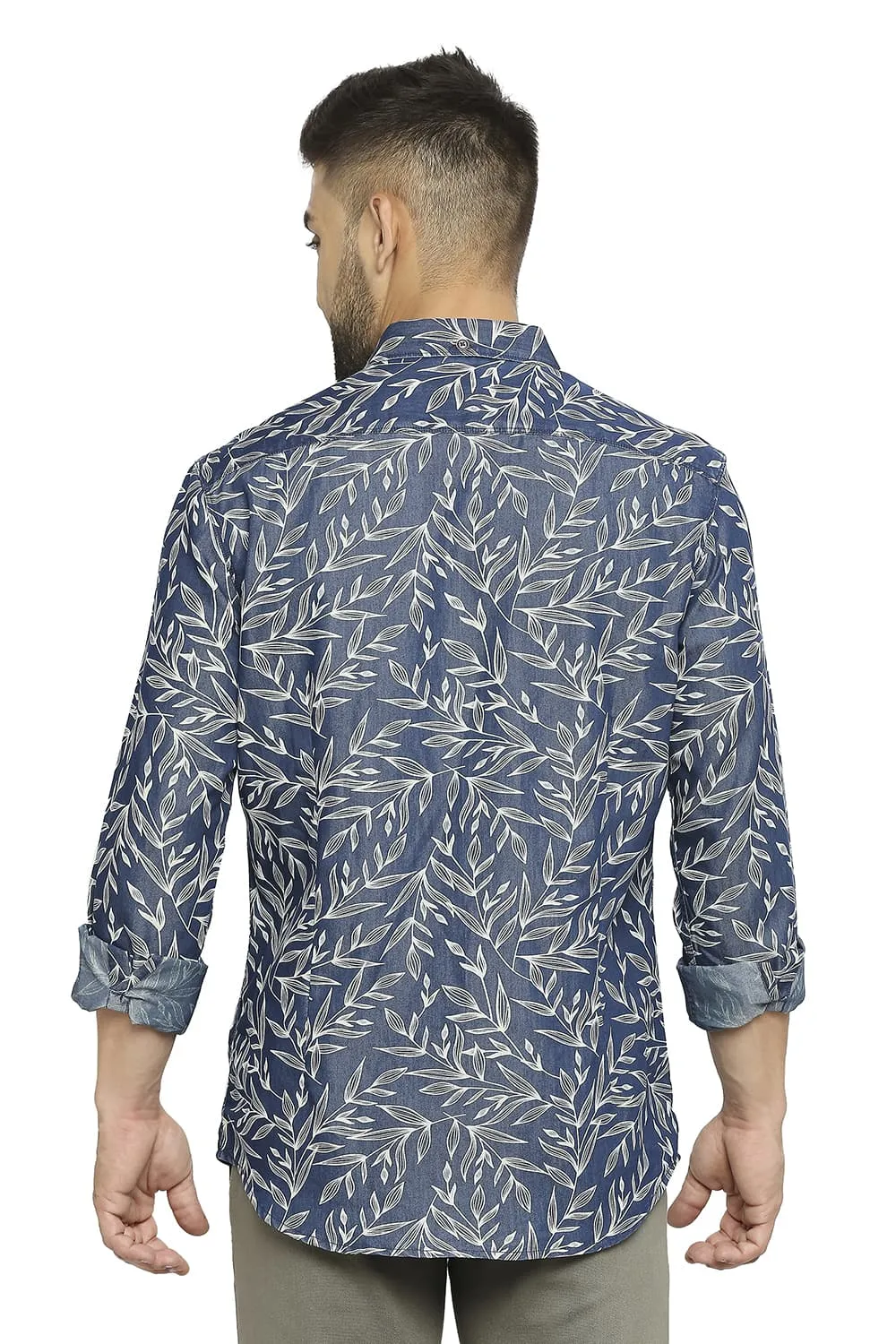 Basics Slim Fit Cotton Polyester Indigo Printed Shirt