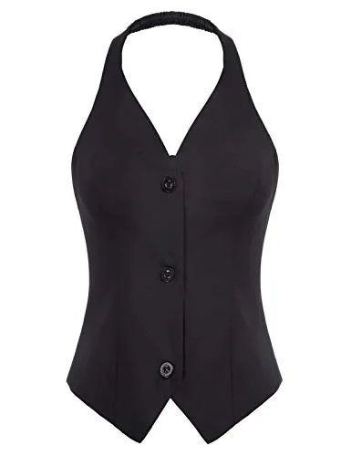 Belle Poque Womens Waistcoat Vest Vintage Black Suit Vest for Office Work(Black,S)