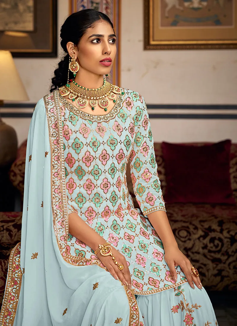 Blue Sequence Embroidery Traditional Gharara Suit