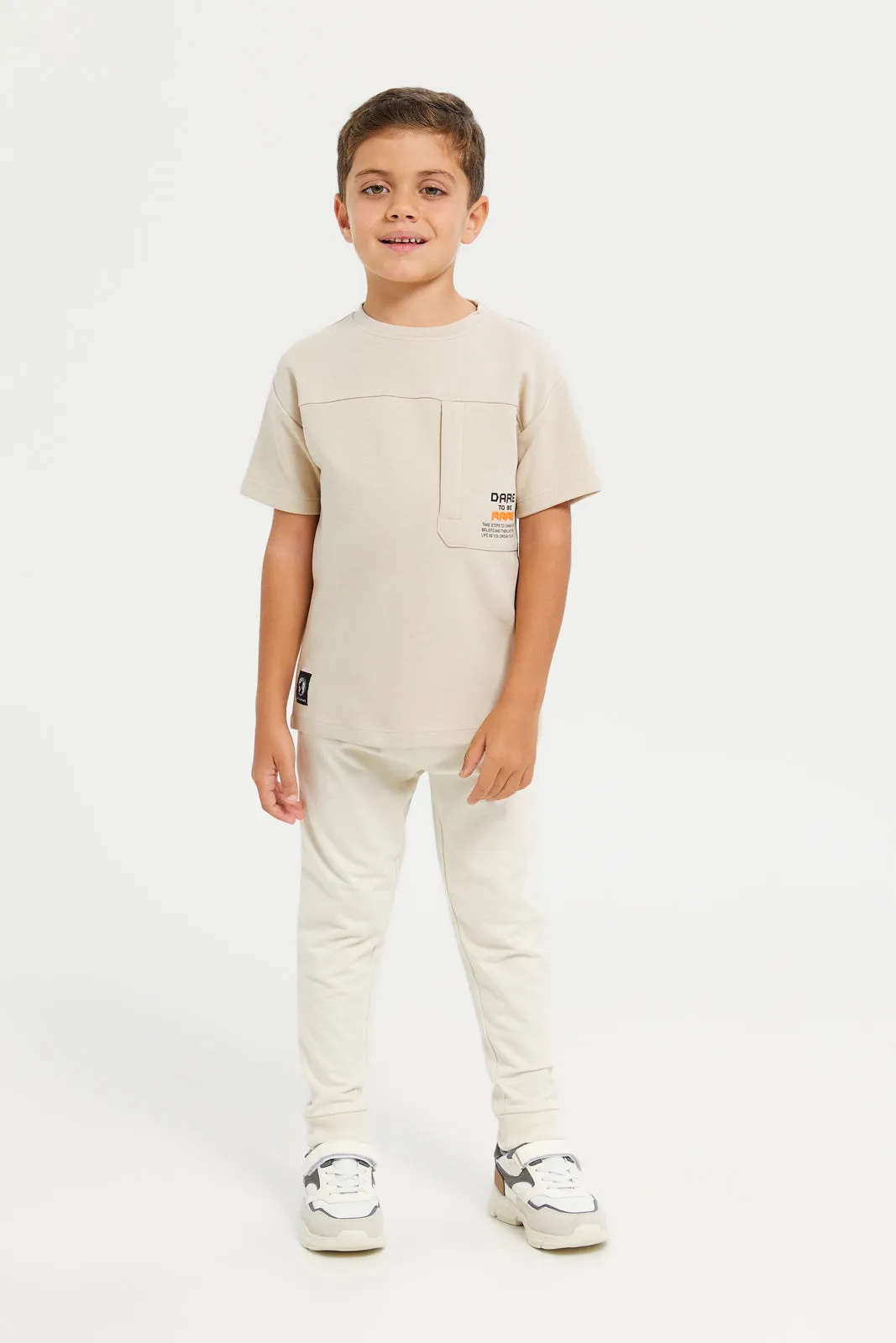 Boys Beige Soft Feel Drop Shoulder T-Shirt