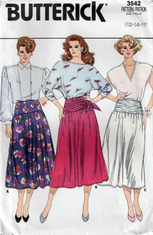 Butterick 3542 Womens Yoked Skirts with Drape 1980s Vintage Sewing Pattern Size 12 - 16