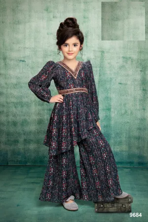 DARK BLUE FLORAL PRINTED SHARARA SET