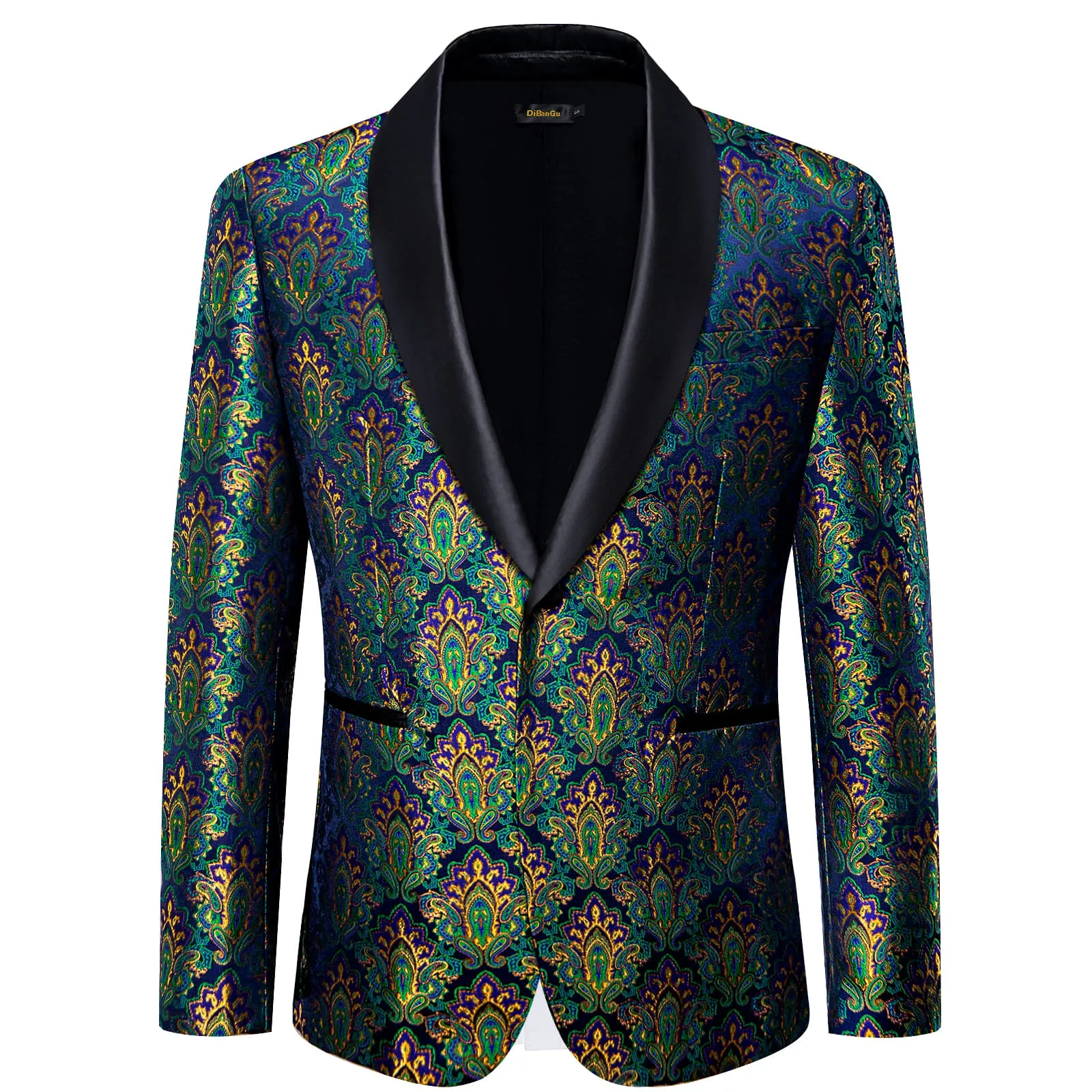 DiBanGu Teal Yellow Paisley Shawl Collar Silk Slim Fit Mens Dress Suit