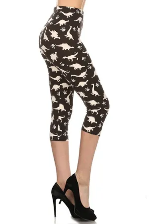 Dinosaur Printed High Waisted Capri Leggings With An Elastic Waist