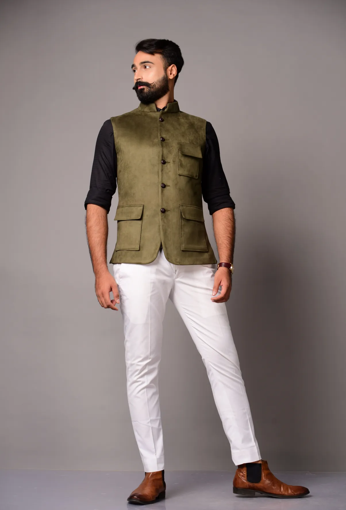 Elegant Olive Green 3 Pocket Hunting Style Faux Suede Leather Bandhgala Jodhpuri with White Trouser | Best for Cocktail, Sangeet Parties