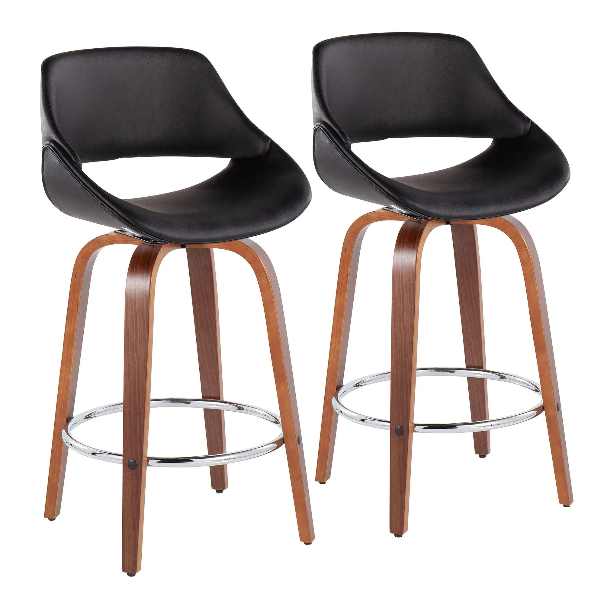 Fabrico Mid-Century Modern Fixed-Height Counter Stool in Walnut Wood with Round Chrome Footrest and Black Faux Leather by LumiSource - Set of 2