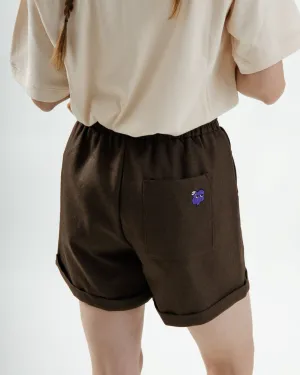 Ghost-LU Embroidery Easy Folded Hem Shorts (Dark Brown)