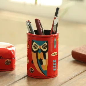 Hand Made Papier Mache Pen Holder - Owl Story in Red | NOVICA