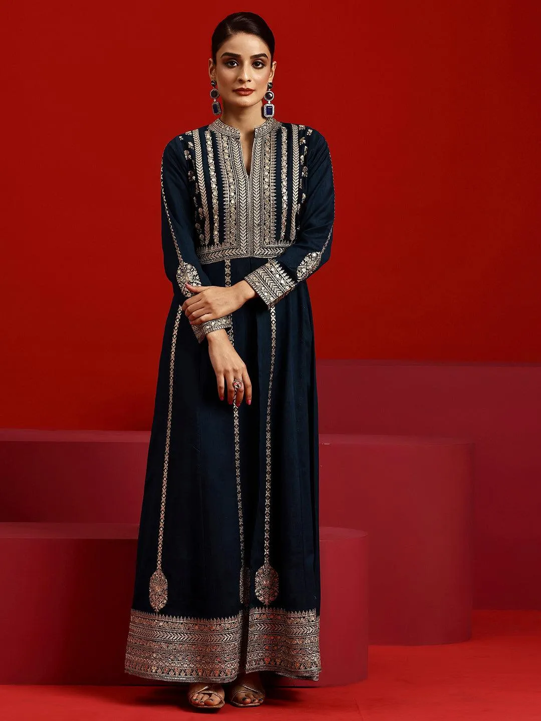 Jashvi Art Navy Embroidered Georgette A-Line Kurta With Trousers & Dupatta