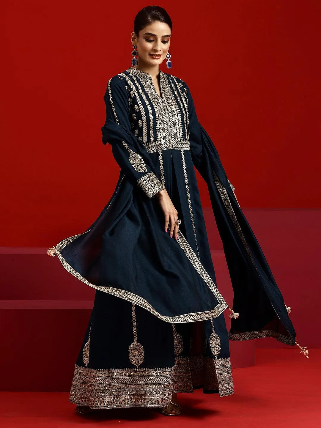 Jashvi Art Navy Embroidered Georgette A-Line Kurta With Trousers & Dupatta