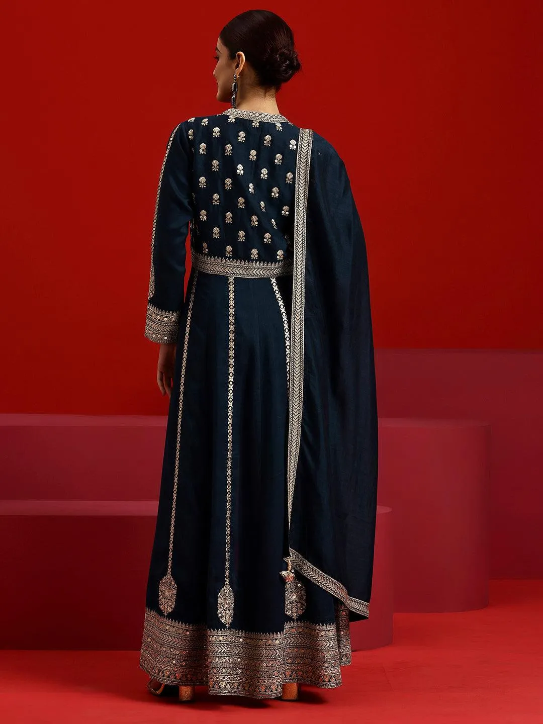 Jashvi Art Navy Embroidered Georgette A-Line Kurta With Trousers & Dupatta