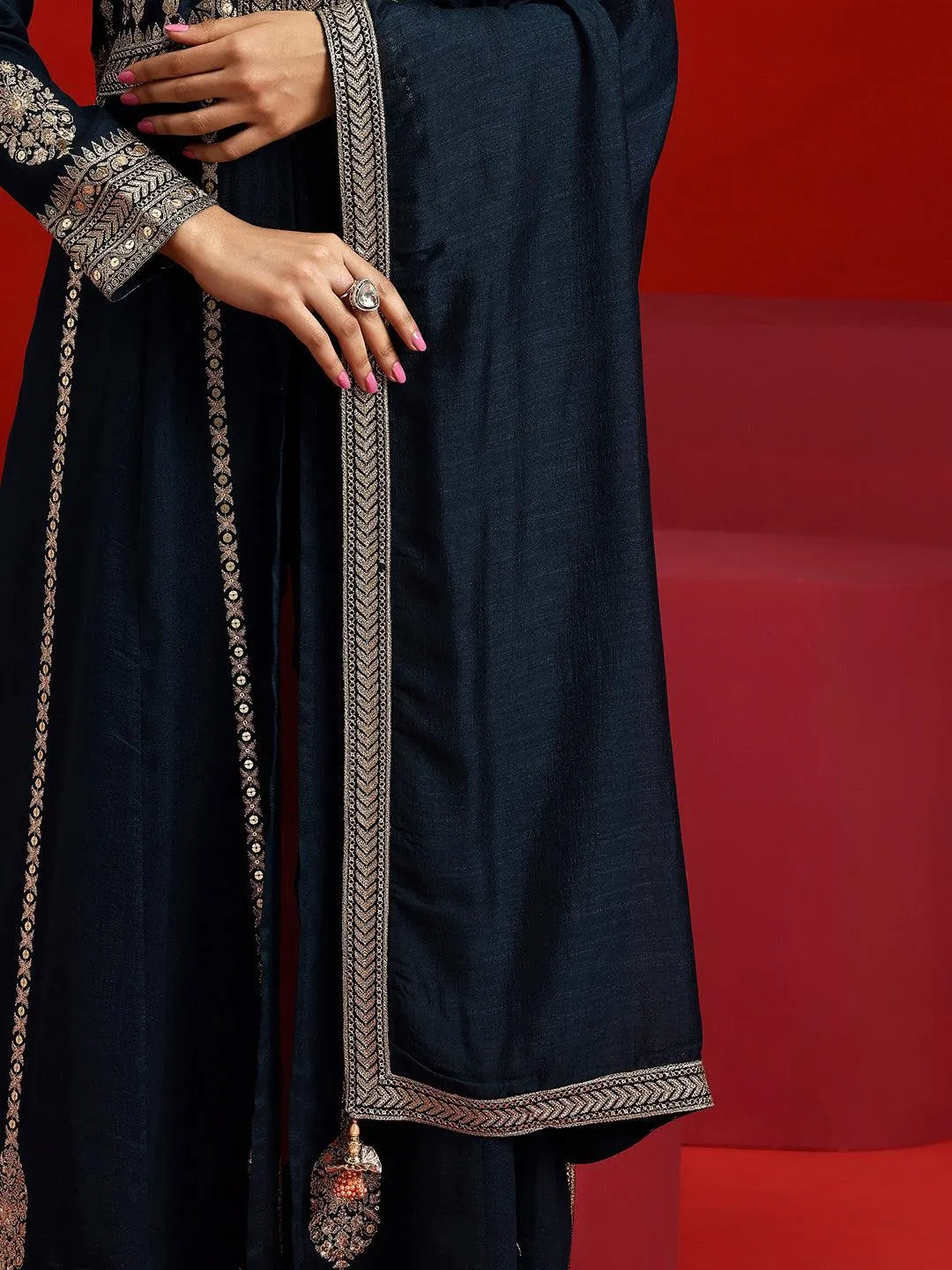 Jashvi Art Navy Embroidered Georgette A-Line Kurta With Trousers & Dupatta