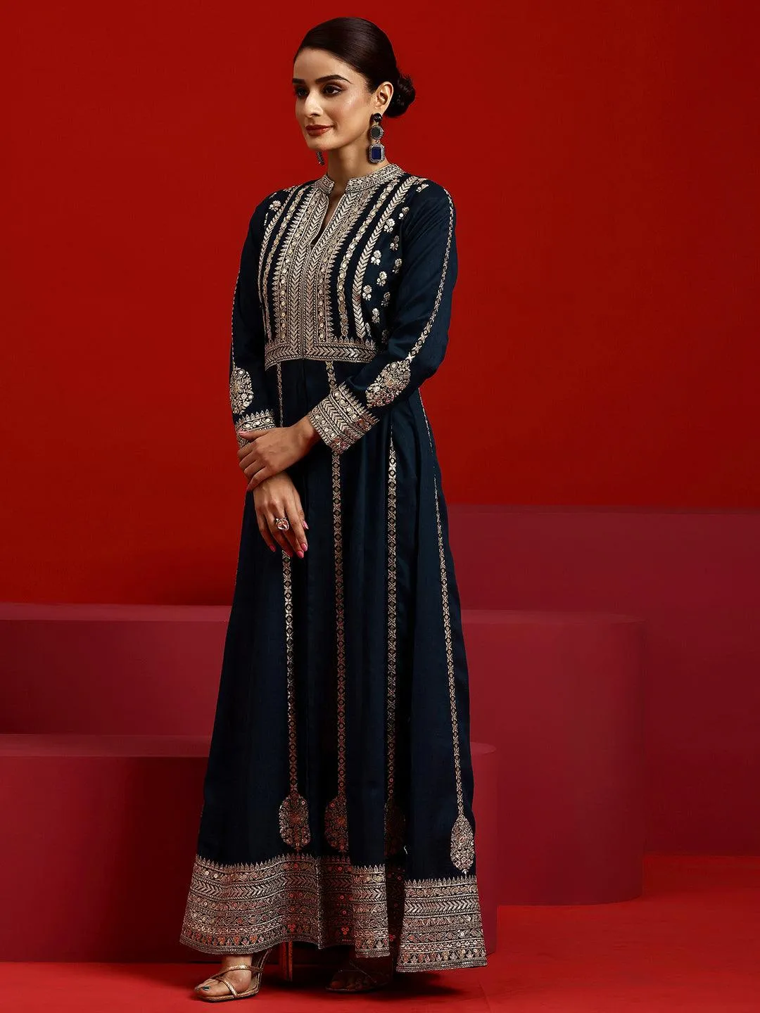 Jashvi Art Navy Embroidered Georgette A-Line Kurta With Trousers & Dupatta