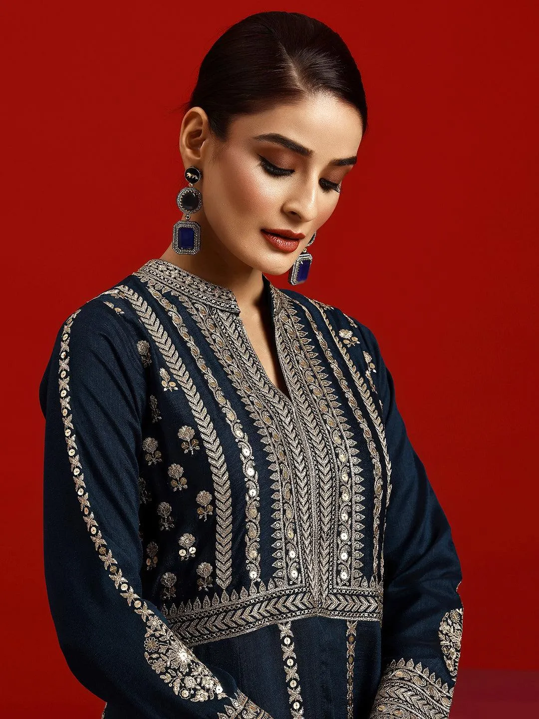 Jashvi Art Navy Embroidered Georgette A-Line Kurta With Trousers & Dupatta