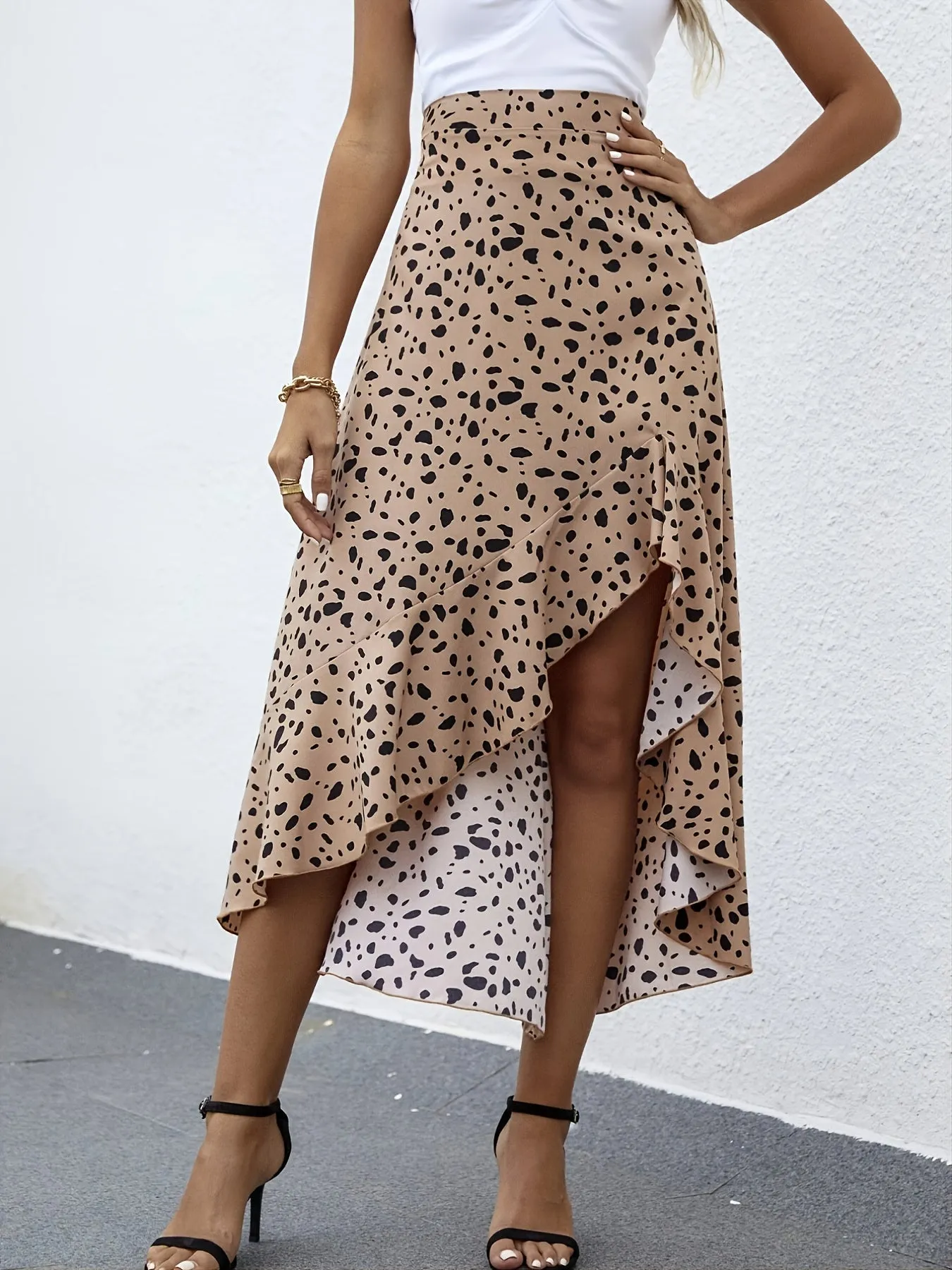 Leopard Print Ruffle Casual High Waist Fashion Asymmetrical Skirts