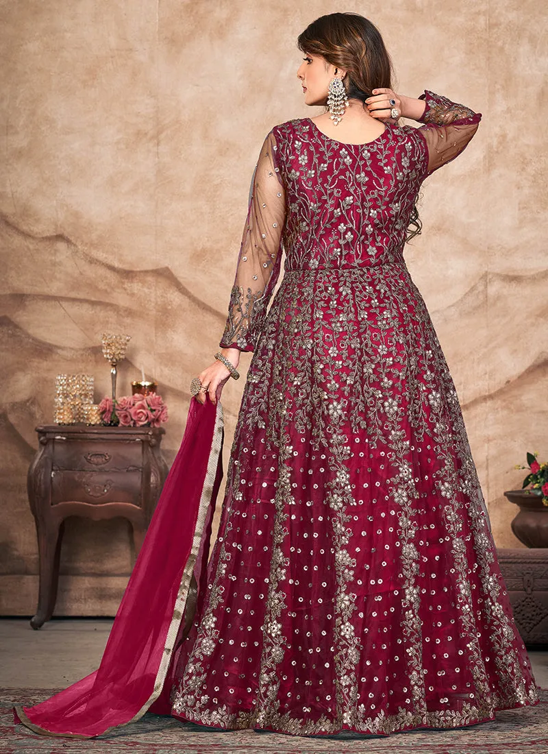 Magenta Embroidered Slit Style Anarkali Pant Suit