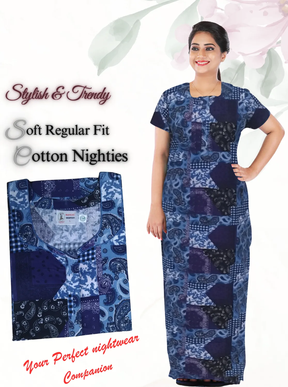 MANGAI New Regular Fit Cotton Printed  Nighties - All Over Printed Stylish Nightwear for Stylish Women | Side Cut Pocket | Beautiful Nighties for Stylish Women's (NL)