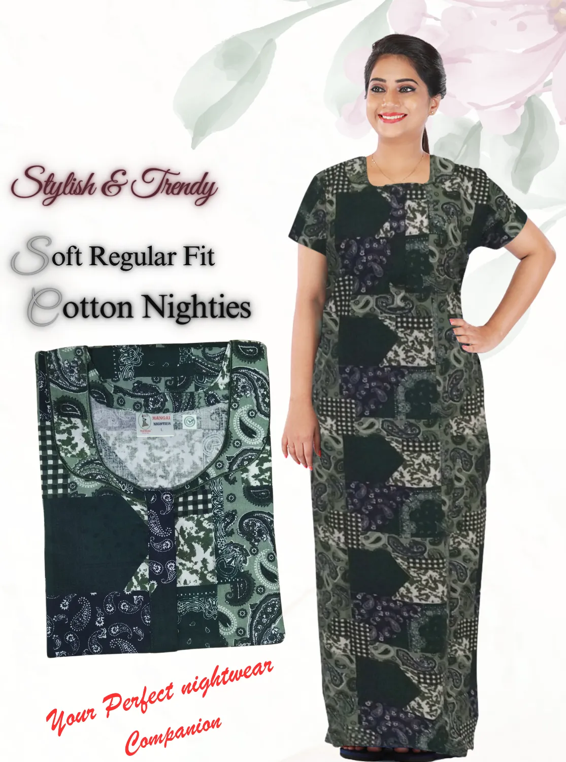 MANGAI New Regular Fit Cotton Printed  Nighties - All Over Printed Stylish Nightwear for Stylish Women | Side Cut Pocket | Beautiful Nighties for Stylish Women's (NL)