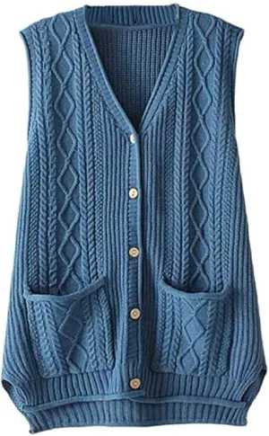 NEW Retails $78, FTCayanz Women's Sweater Vest Button Down Cable Knit Cardigan Outwear, Blue, Sz 3X