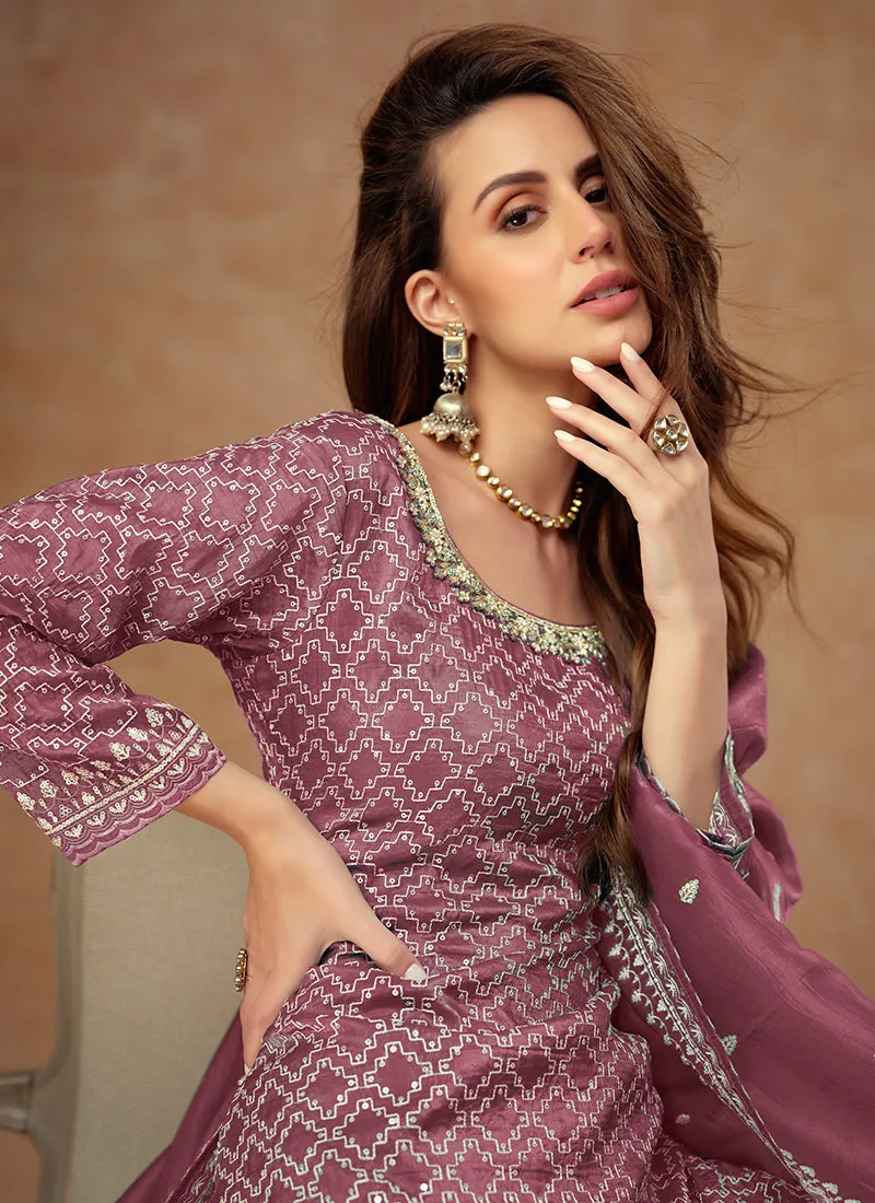 Plum Purple Embroidery Party Wear Sharara Suit