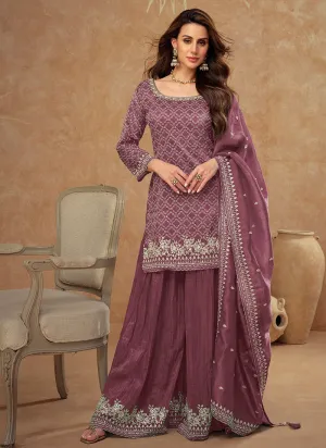 Plum Purple Embroidery Party Wear Sharara Suit