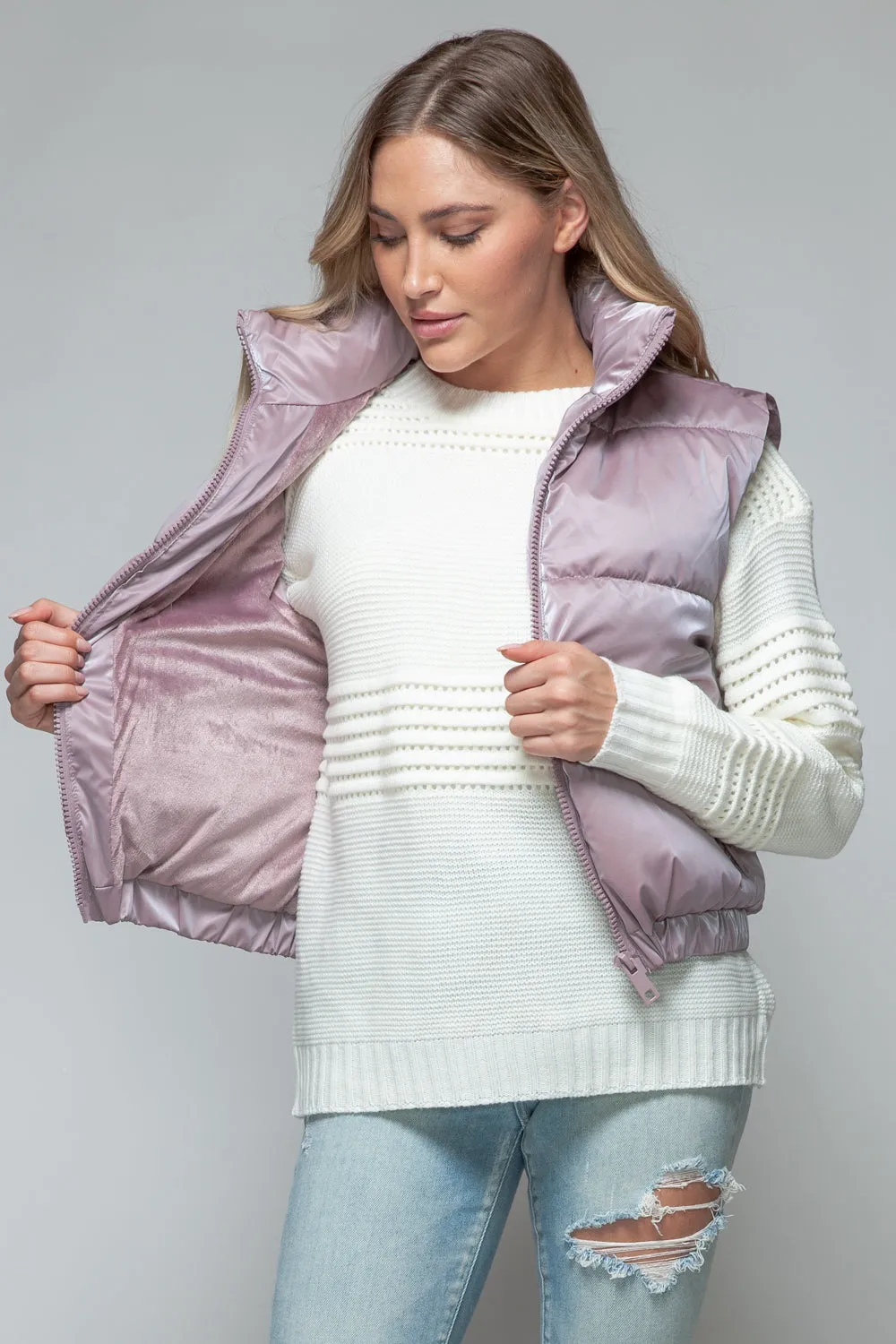 Puffy Jacket Sleeveless Women's Purple Fine Fur Lining Quilted Vest