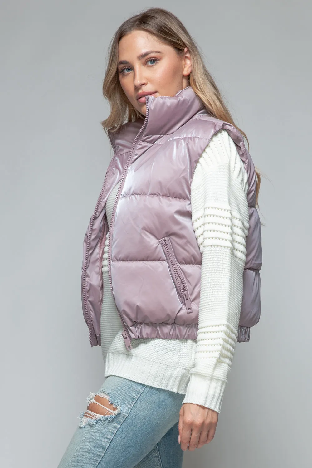 Puffy Jacket Sleeveless Women's Purple Fine Fur Lining Quilted Vest