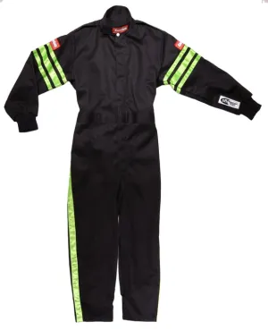 RaceQuip One Piece Single Layer Fire Suit - Black w/Green Stripes -Kids Small - 1950792