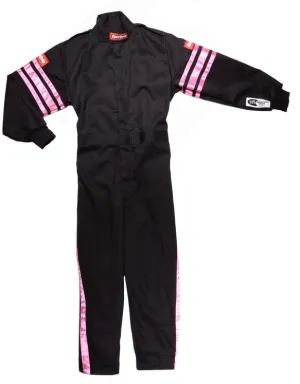 RaceQuip One Piece Single Layer Fire Suit - Black w/Pink Stripes - Kids Medium - 1950893