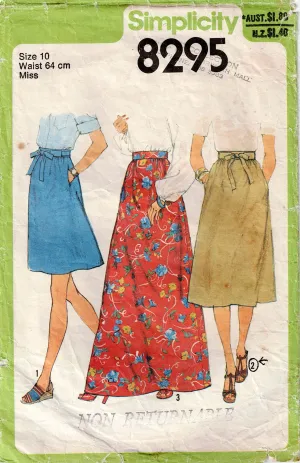 Simplicity 8295 Womens EASY A Line Skirts with Pockets 1970s Vintage Sewing Pattern Size 10 Waist 25 Inches