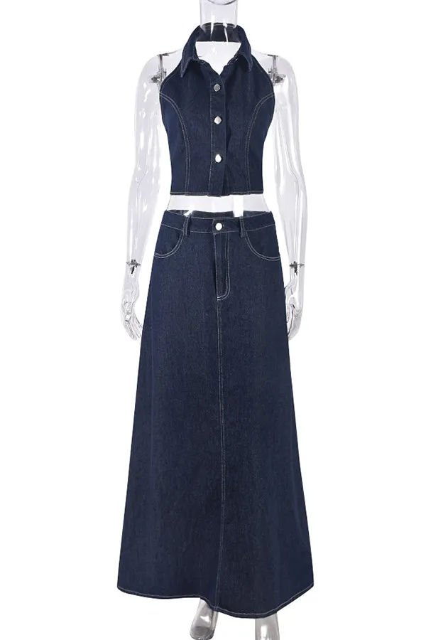 Stylish Solid Color Denim Top & A-line Skirt Set