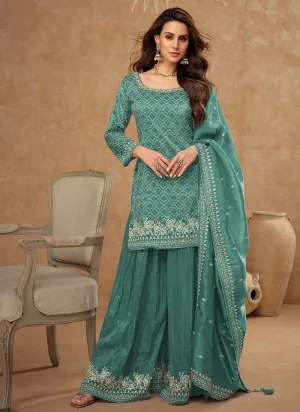 Turquoise Embroidery Party Wear Sharara Suit