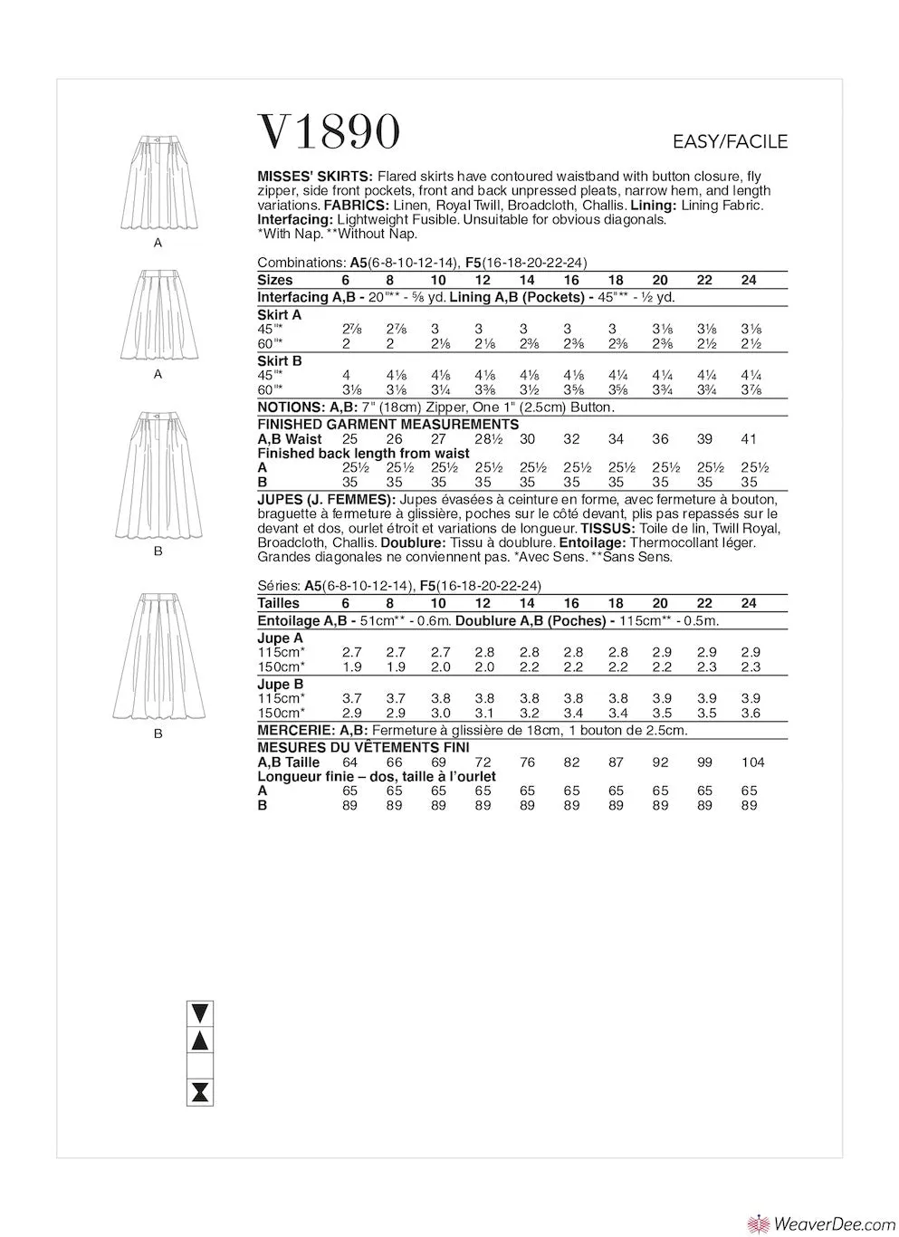 Vogue Pattern V1890 Misses' Skirts