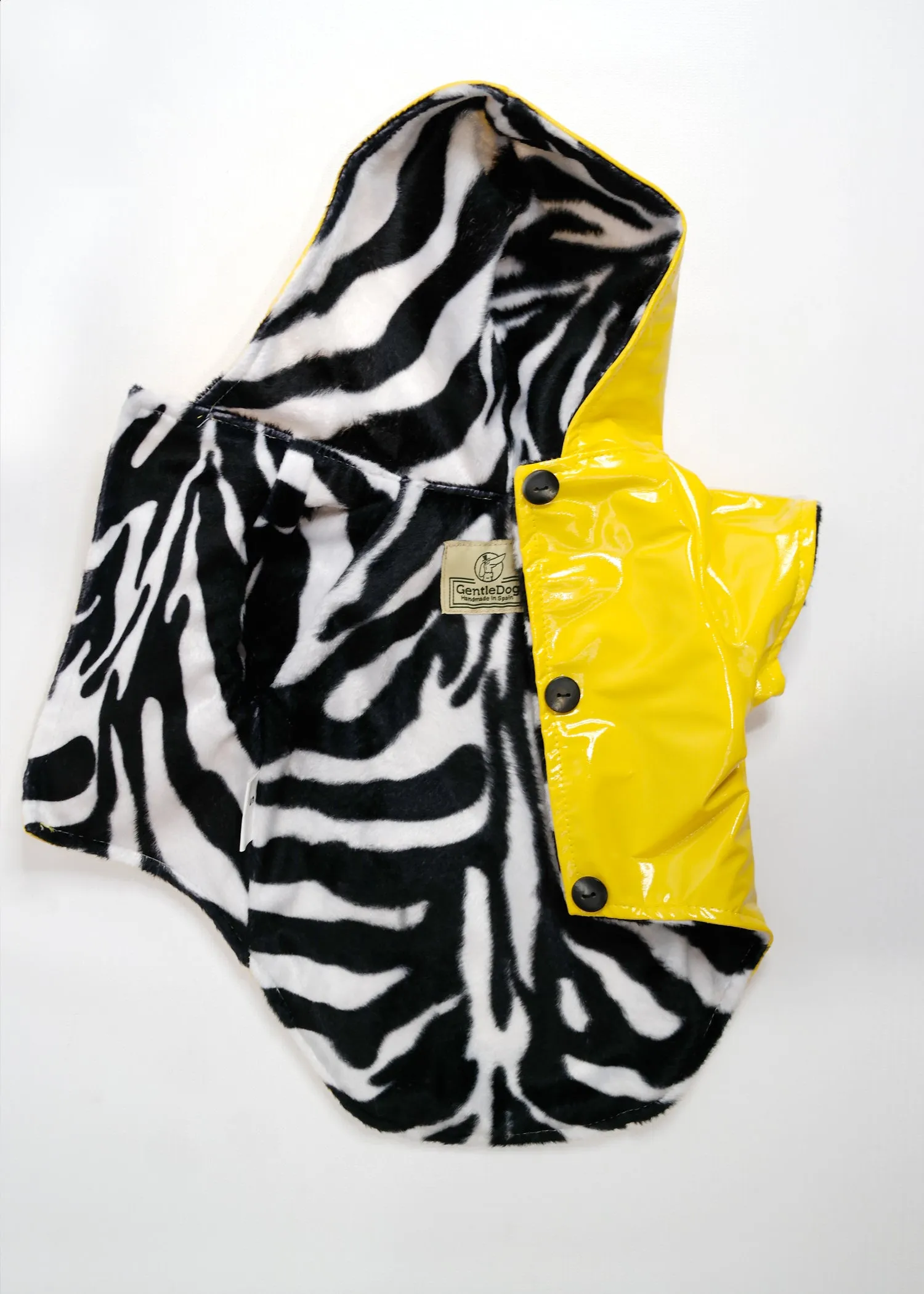 YELLOW RAINCOAT WITH ZEBRA STRIPE INTERIOR